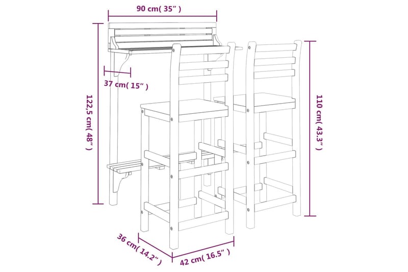 beBasic barsæt til altanen 3 dele massivt akacietræ - Brun - Altansæt - Cafesæt