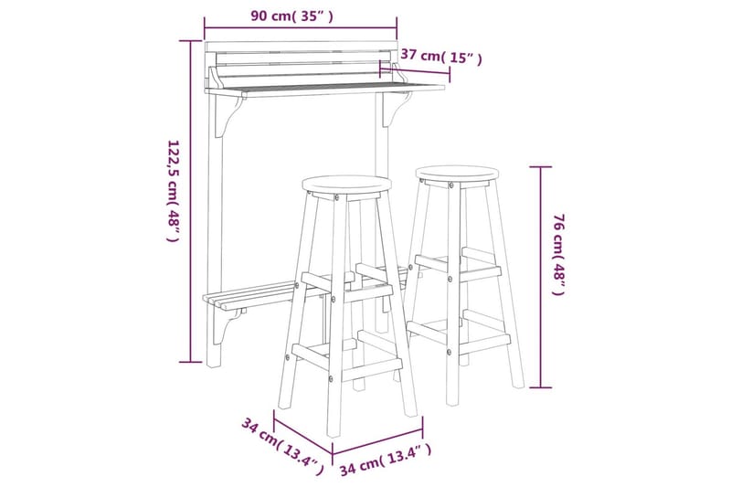 beBasic barsæt til altanen 3 dele massivt akacietræ - Brun - Altansæt - Cafesæt