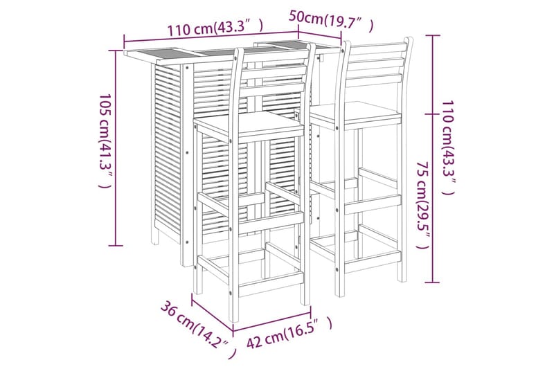 beBasic barsæt til haven 3 dele massivt akacietræ - Brun - Altansæt - Cafesæt