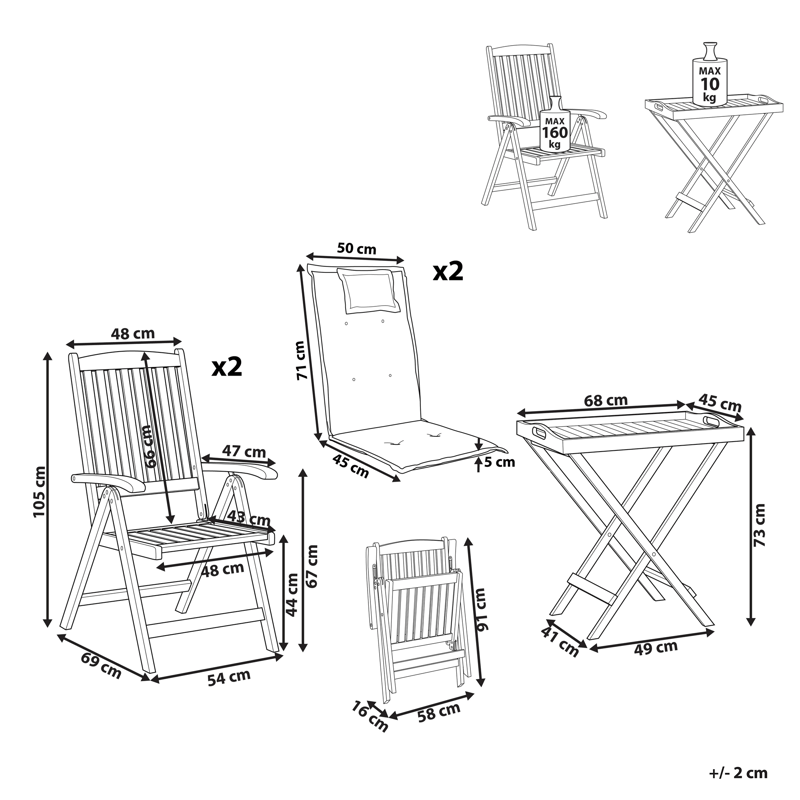 Cafésæt udendørs Amantea Premium akacietræ - Brun/Rød - Havemøbler - Balkon - Balkonmøbler - Altansæt
