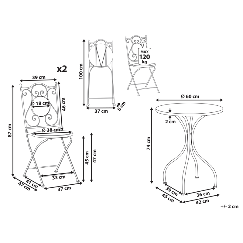 Cafésæt udendørs foldbar Artena Jern - Sort/Hvid - Havemøbler - Balkon - Balkonmøbler - Altansæt