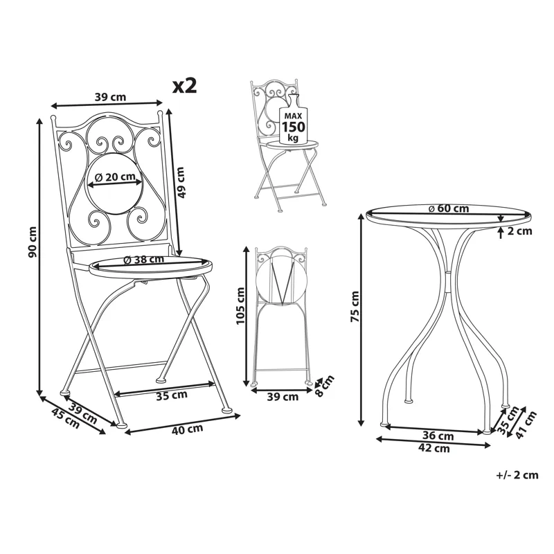 Cafésæt udendørs foldbar Chapeco Jern - Sort/Blå/Hvid - Havemøbler - Balkon - Balkonmøbler - Altansæt