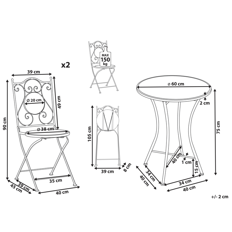 Cafésæt udendørs foldbar Comiso Jern - Sort/Hvid - Havemøbler - Balkon - Balkonmøbler - Altansæt