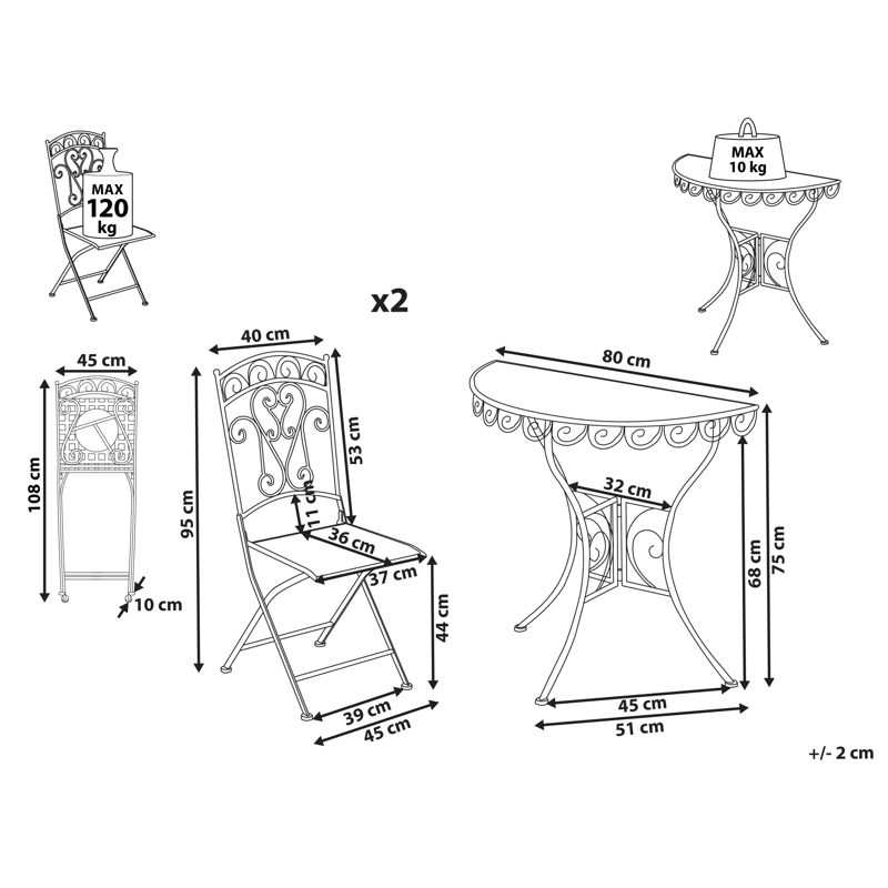 Cafésæt udendørs foldbar Juina Jern - Beige - Havemøbler - Balkon - Balkonmøbler - Altansæt