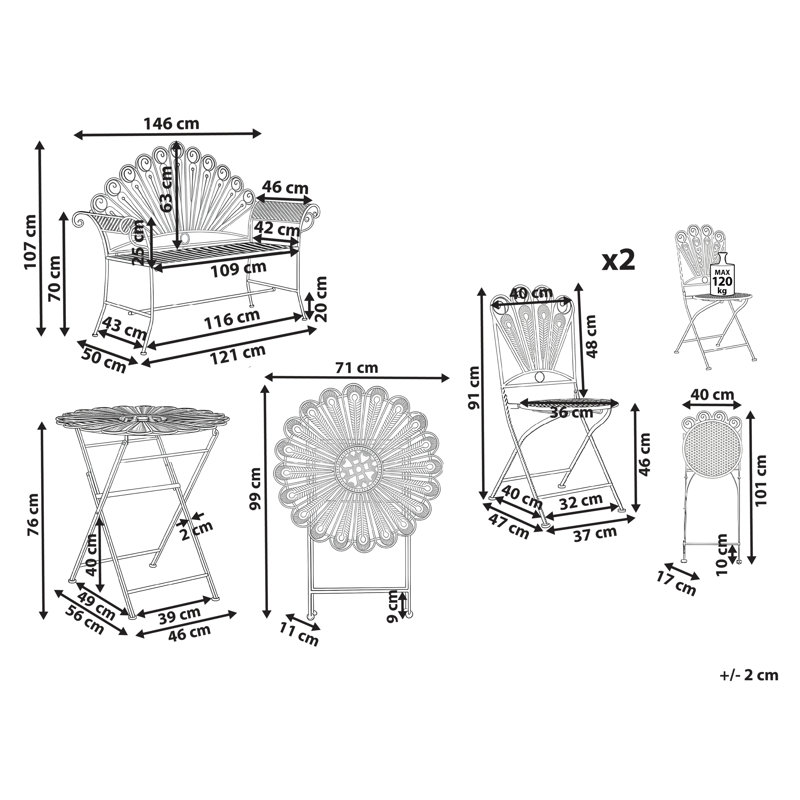 Cafésæt udendørs med bænk Pavia Jern - Blå - Havemøbler - Balkon - Balkonmøbler - Altansæt