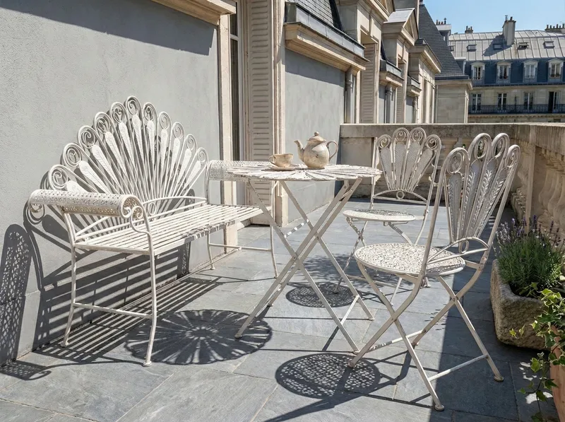 Cafés æt udendørs med bænk Pavia Jern - Hvid - Havemøbler - Balkon - Balkonmøbler - Altansæt