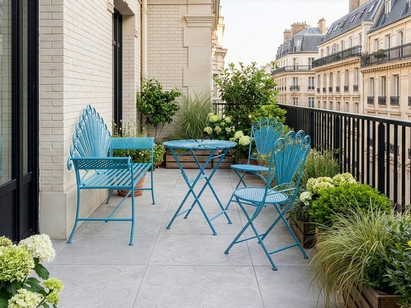 Cafésæt udendørs med bænk Pavia Jern - Blå - Havemøbler - Balkon - Balkonmøbler - Altansæt