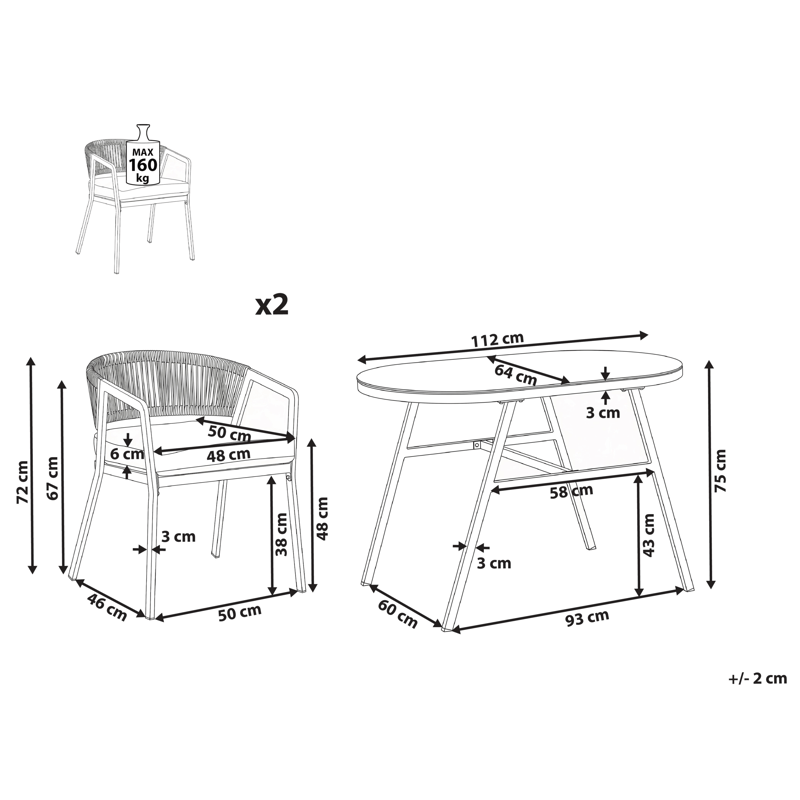 Cafésæt udendørs Muros Stål - Grå/Beige - Havemøbler - Balkon - Balkonmøbler - Altansæt