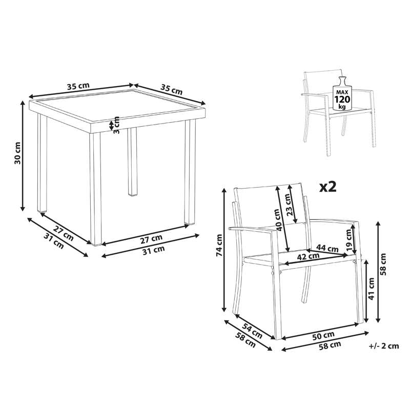 Cafésæt udendørs Tavoleto Stål - Mørkegrå - Havemøbler - Balkon - Balkonmøbler - Altansæt