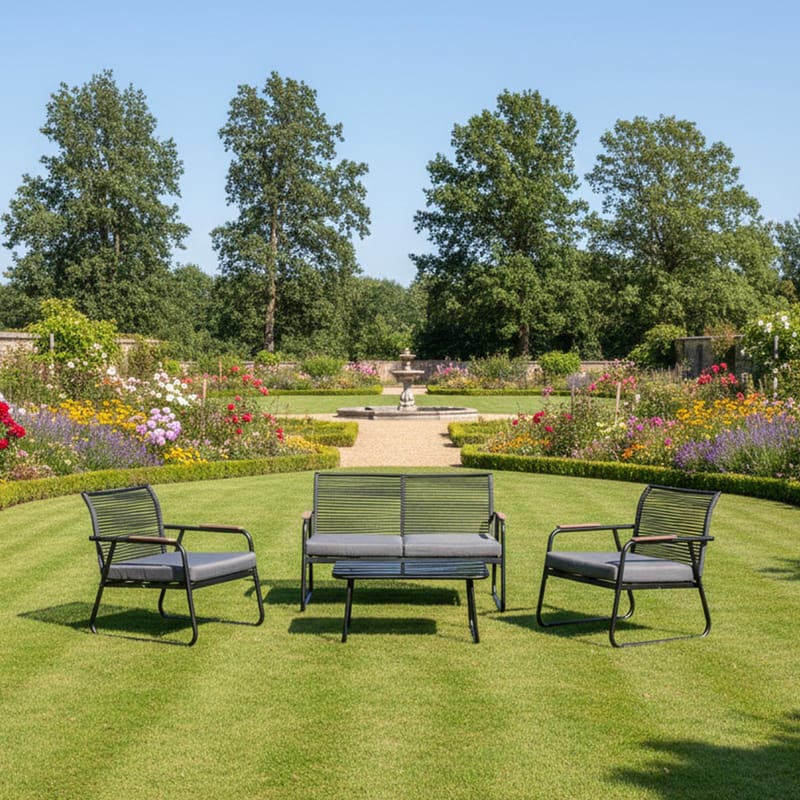 Havemøbelsæt HOME4YOU Macos bord, sofa og 2 stole Grå/sort - Grå/sort - Havemøbler - Balkon - Balkonmøbler - Altansæt