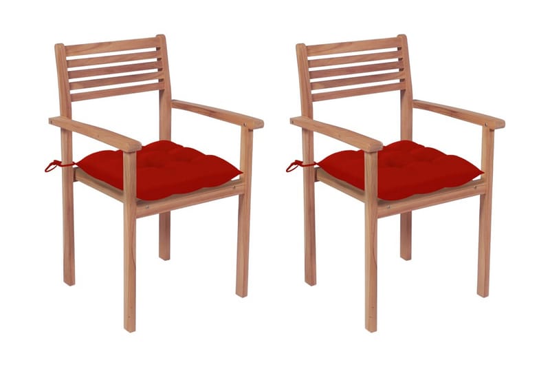 Havestole 2 Stk. Med Røde Hynder massivt teaktræ - Spisebordsstole udendørs - Altanstole