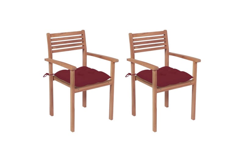 Havestole 2 Stk. Med Vinrøde Hynder massivt teaktræ - Spisebordsstole udendørs - Altanstole