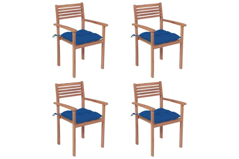 Havestole 4 Stk. Med Blå Hynder massivt teaktræ - Spisebordsstole udendørs - Altanstole