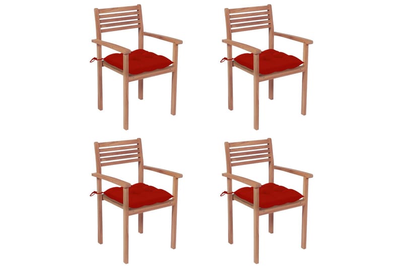 Havestole 4 Stk. Med Røde Hynder massivt teaktræ - Spisebordsstole udendørs - Altanstole