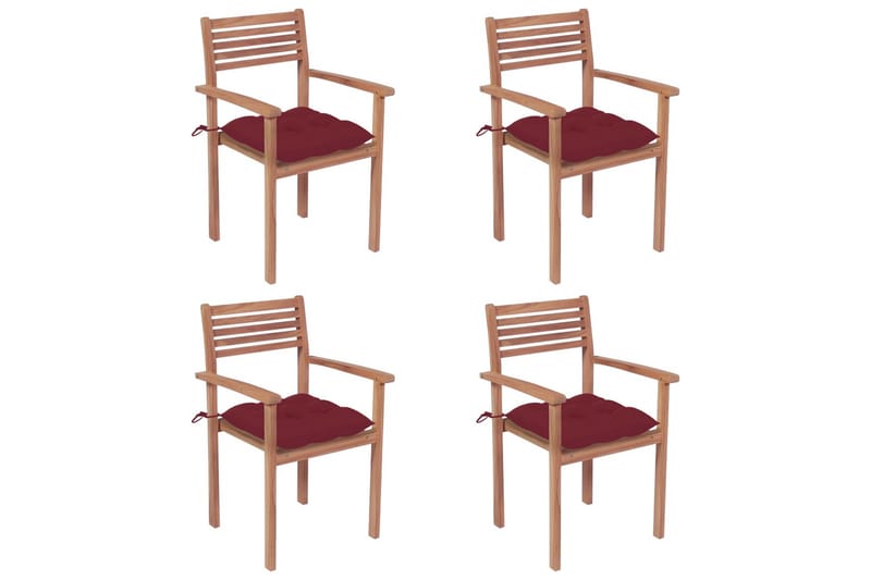 Havestole 4 Stk. Med Vinrøde Hynder massivt teaktræ - Spisebordsstole udendørs - Altanstole