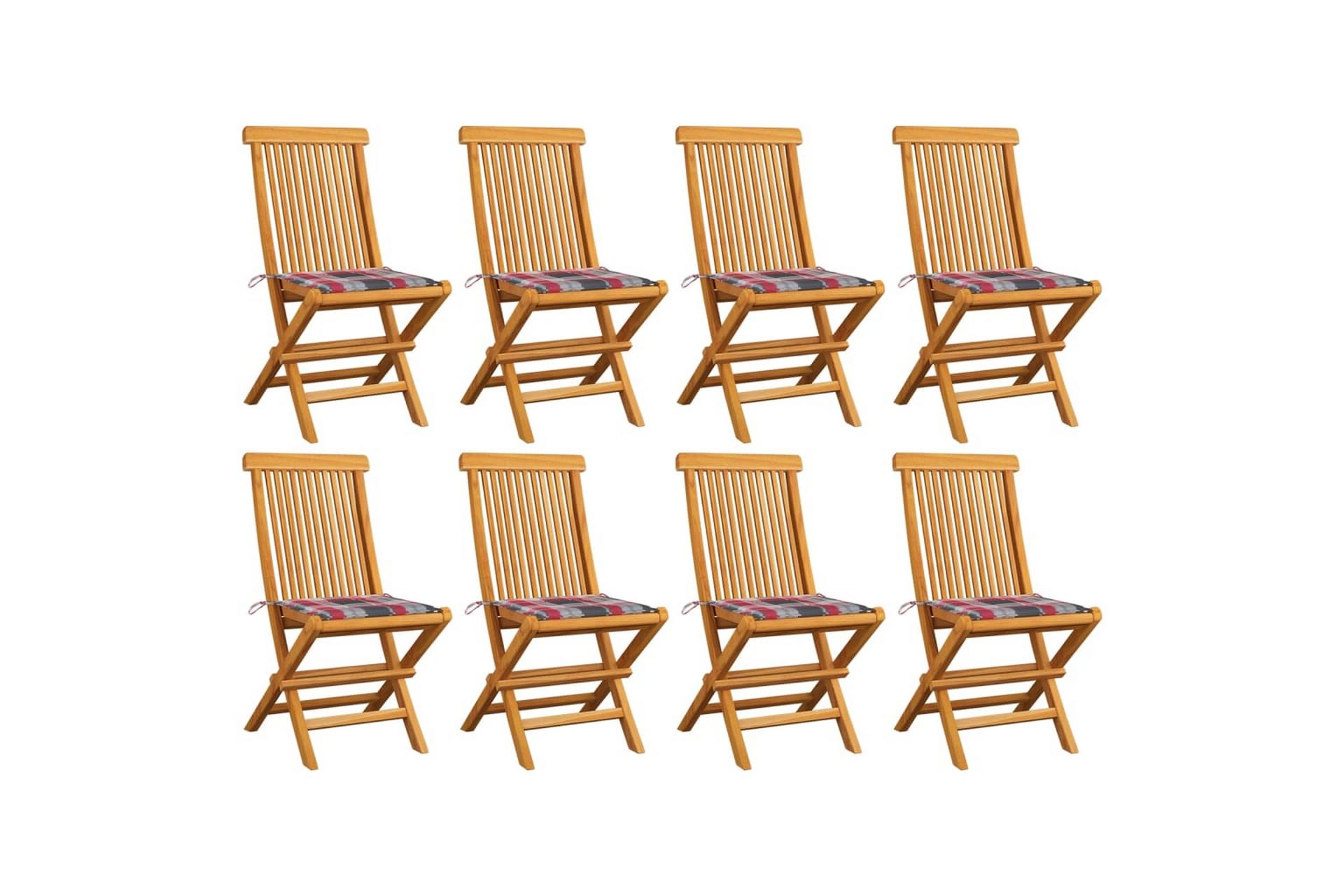 havestole m. rødternede hynder 8 stk. massivt teaktræ - Brun - Havemøbler - Balkon - Balkonmøbler - Altanstole