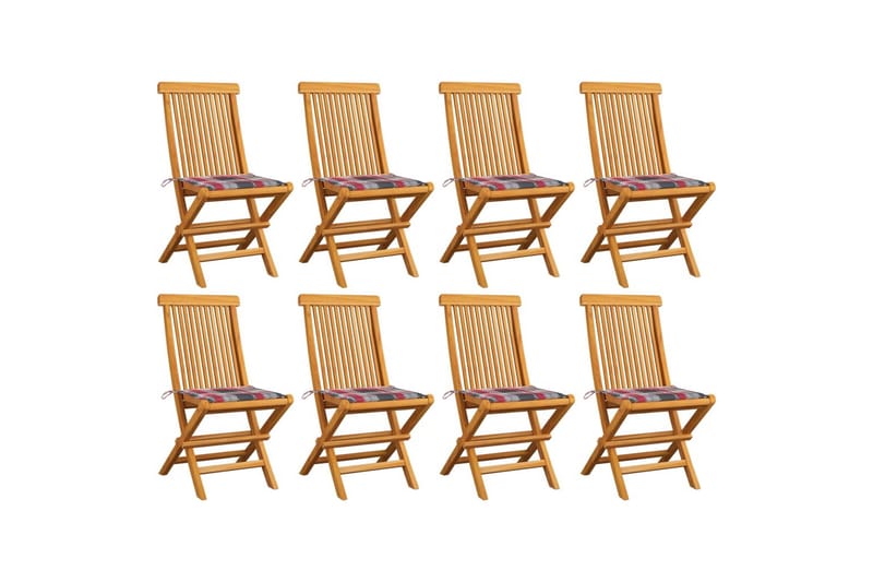 havestole m. rødternede hynder 8 stk. massivt teaktræ - Brun - Havemøbler - Balkon - Balkonmøbler - Altanstole