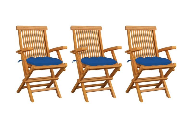 havestole med blå hynder 3 stk. massivt teaktræ - Blå - Spisebordsstole udendørs - Altanstole