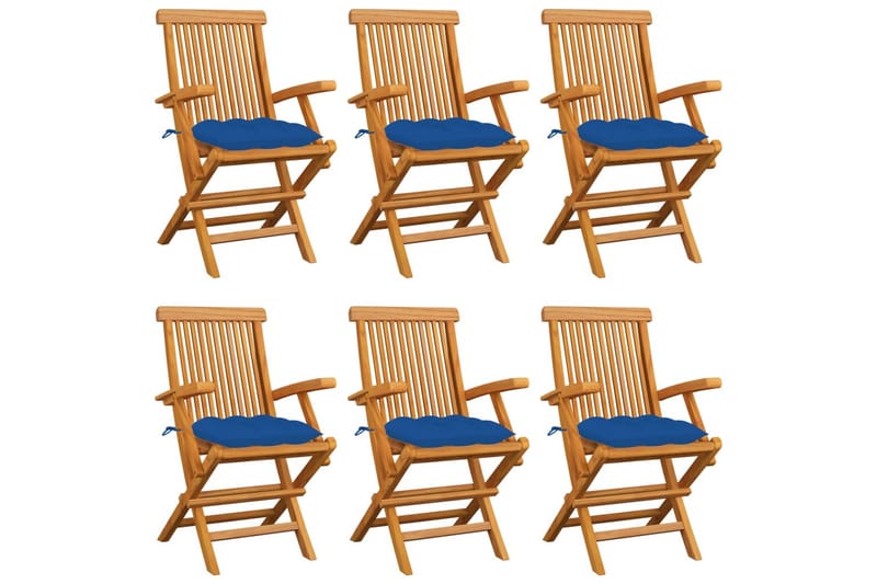 havestole med blå hynder 6 stk. massivt teaktræ - Blå - Spisebordsstole udendørs - Altanstole