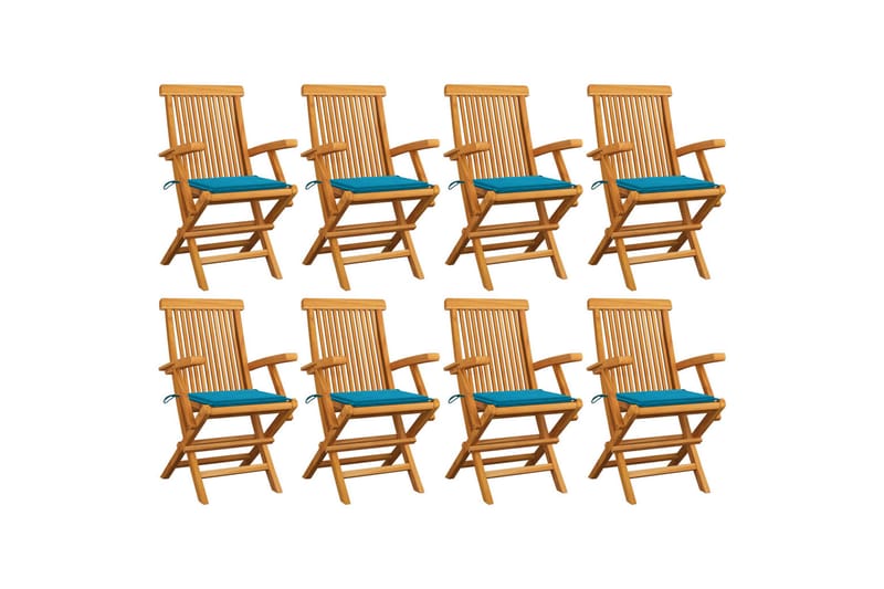 havestole med blå hynder 8 stk. massivt teaktræ - Brun - Havemøbler - Balkon - Balkonmøbler - Altanstole