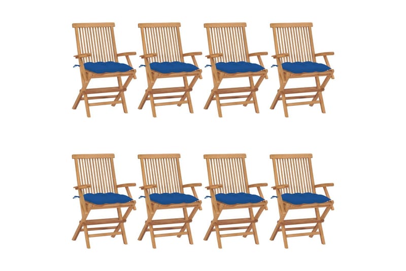 havestole med blå hynder 8 stk. massivt teaktræ - Brun - Spisebordsstole udendørs - Altanstole