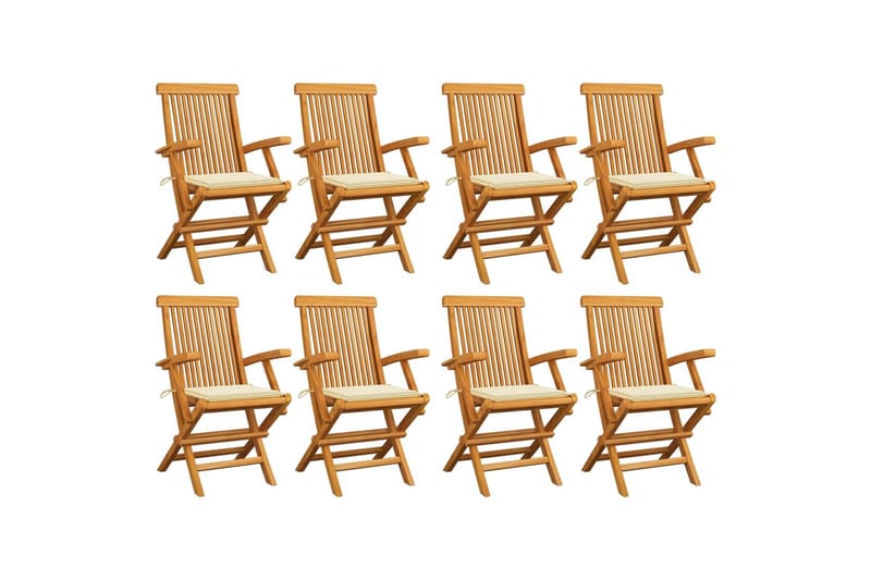 havestole med cremefarvede hynder 8 stk. massivt teaktræ - Brun - Havemøbler - Balkon - Balkonmøbler - Altanstole
