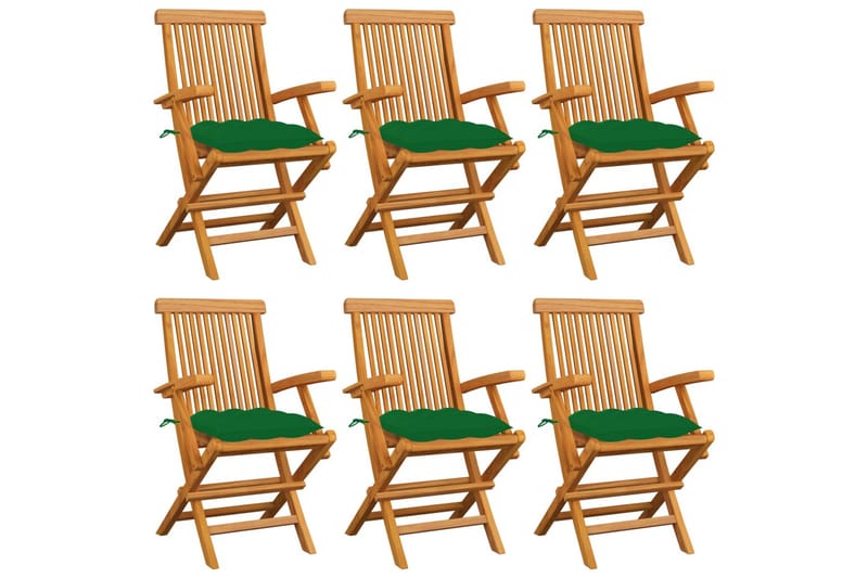 havestole med grønne hynder 6 stk. massivt teaktræ - Grøn - Spisebordsstole udendørs - Altanstole