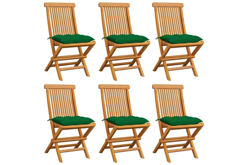 Havestole Med Grønne Hynder 6 Stk. massivt teaktræ - Grøn - Havemøbler - Balkon - Balkonmøbler - Altanstole