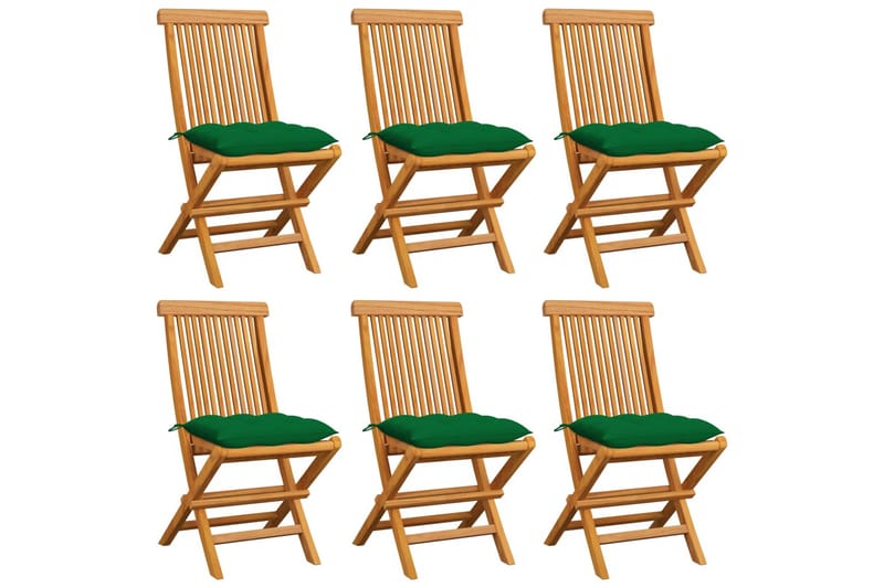 Havestole Med Grønne Hynder 6 Stk. massivt teaktræ - Grøn - Spisebordsstole udendørs - Altanstole