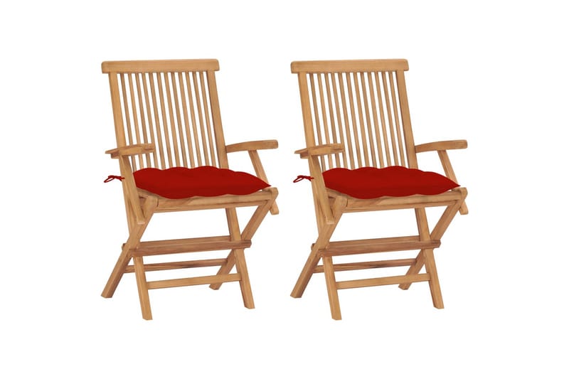 Havestole Med Røde Hynder 2 Stk. massivt teaktræ - Rød - Spisebordsstole udendørs - Altanstole
