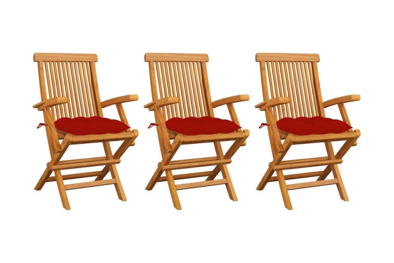 havestole med røde hynder 3 stk. massivt teaktræ - Rød - Spisebordsstole udendørs - Altanstole