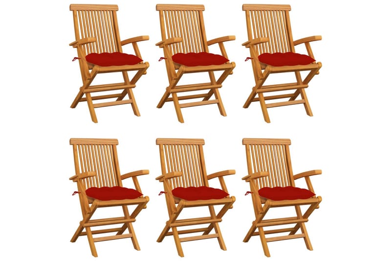 havestole med røde hynder 6 stk. massivt teaktræ - Rød - Spisebordsstole udendørs - Altanstole