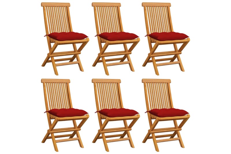 Havestole Med Røde Hynder 6 Stk. massivt teaktræ - Rød - Spisebordsstole udendørs - Altanstole