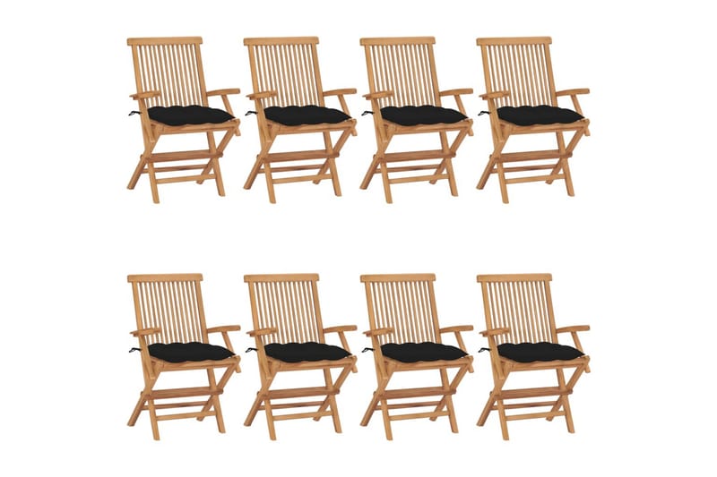havestole med sorte hynder 8 stk. massivt teaktræ - Brun - Spisebordsstole udendørs - Altanstole