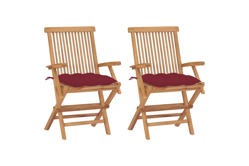 Havestole Med Vinrøde Hynder 2 Stk. massivt teaktræ - Rød - Spisebordsstole udendørs - Altanstole
