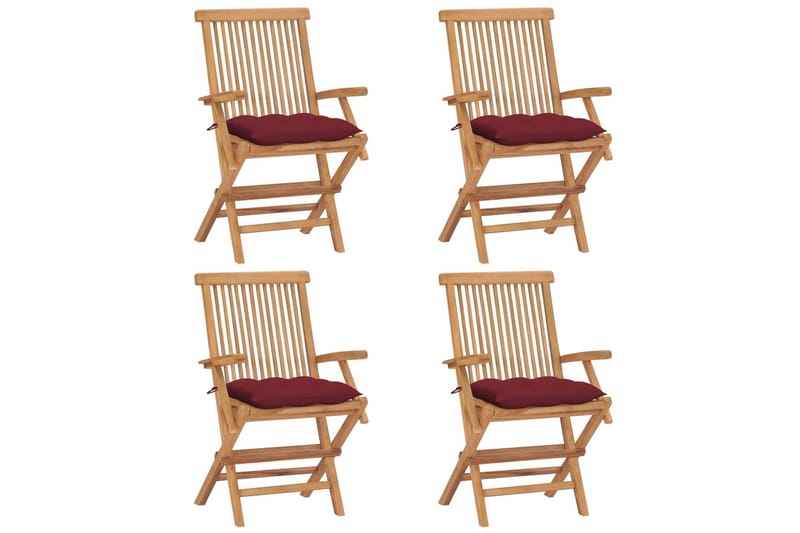 Havestole Med Vinrøde Hynder 4 Stk. massivt teaktræ - Rød - Spisebordsstole udendørs - Altanstole