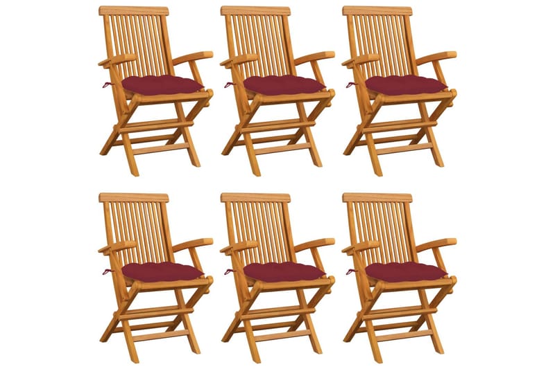 havestole med vinrøde hynder 6 stk. massivt teaktræ - Rød - Spisebordsstole udendørs - Altanstole