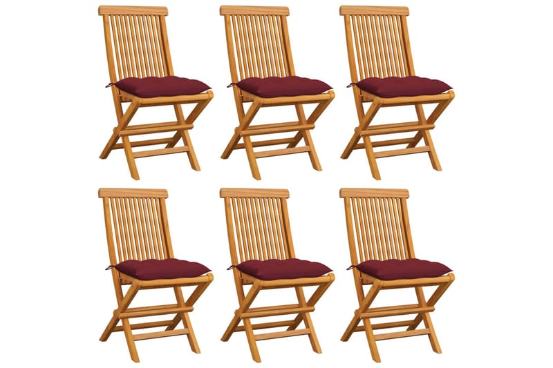 Havestole Med Vinrøde Hynder 6 Stk. massivt teaktræ - Rød - Spisebordsstole udendørs - Altanstole