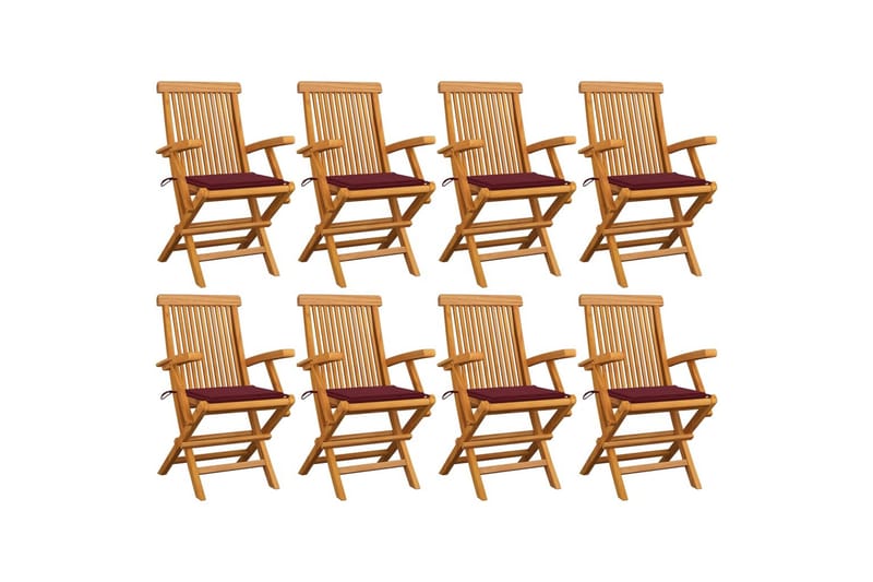 havestole med vinrøde hynder 8 stk. massivt teaktræ - Brun - Havemøbler - Balkon - Balkonmøbler - Altanstole