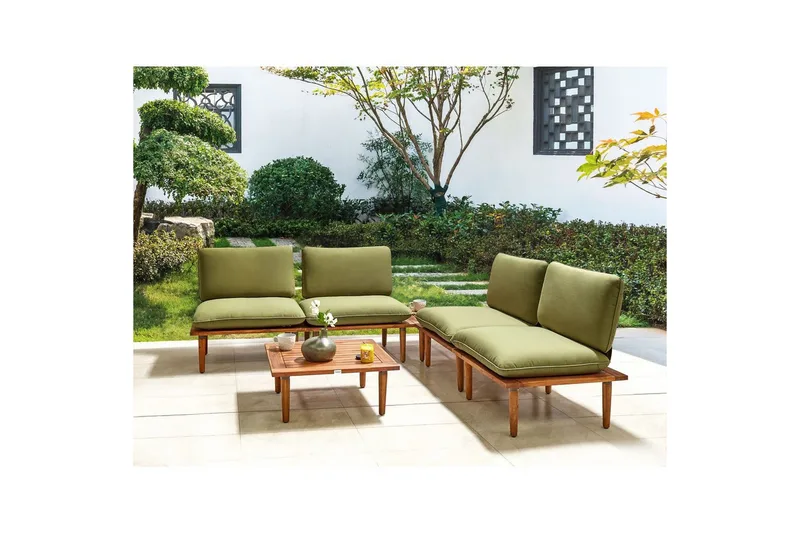 Loungegrupp med bord Beliani Frascati Grönt/ljust trä, 4-Sits Green||Light wood - Havemøbler - Loungemøbler - Sofagrupper udendørs