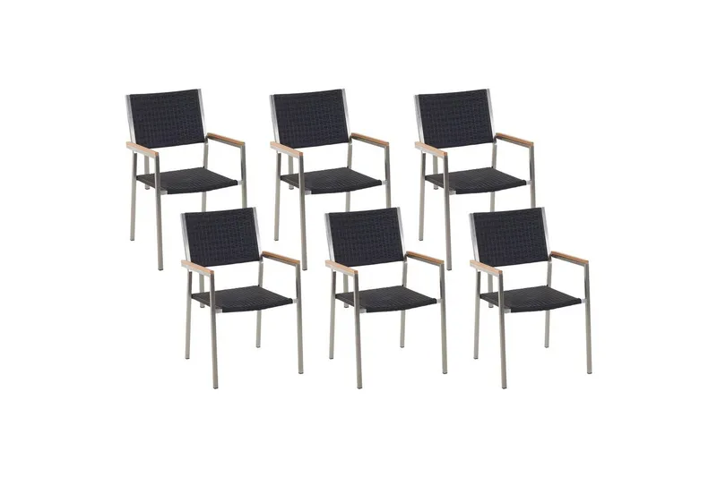 Matstol Beliani Grosseto set om 6 Sandbeige/silver/ljust trä Black||Silver - Havemøbler - Balkon - Balkonmøbler - Altanstole