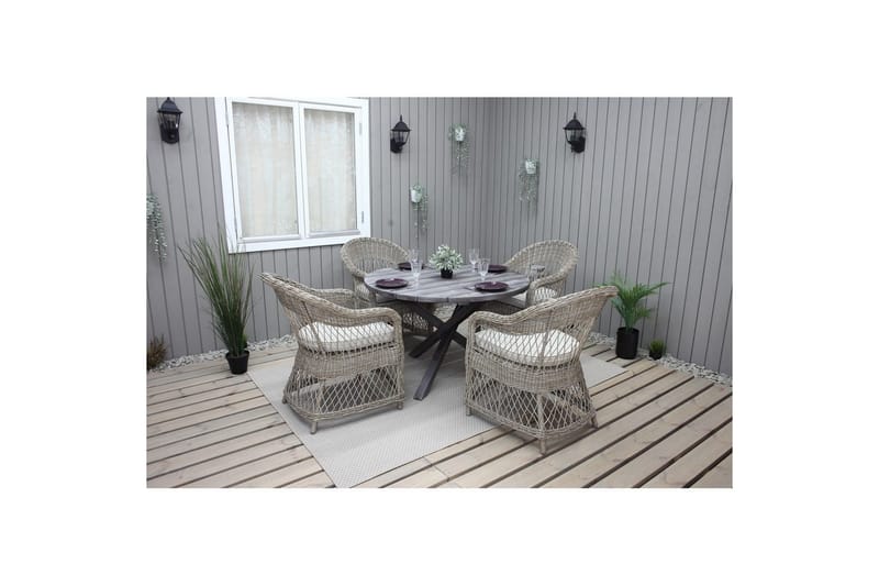 Udendørs møbelgruppe Ø 112 cm bord & 4 Merida naturlige stole Grå - Grå - Havemøbler - Balkon - Balkonmøbler - Altansæt