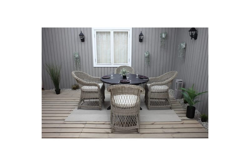 Udendørs møbelgruppe Ø 112 cm bord & 4 Merida naturlige stole Sort - Sort - Havemøbler - Udendørsgruppe - Havesæt
