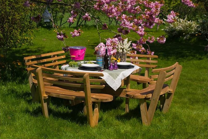 Gudrun Picnicbord med Bænk Rund med Ryglæn - Træ - Havemøbler - Havebord - Picnicbord