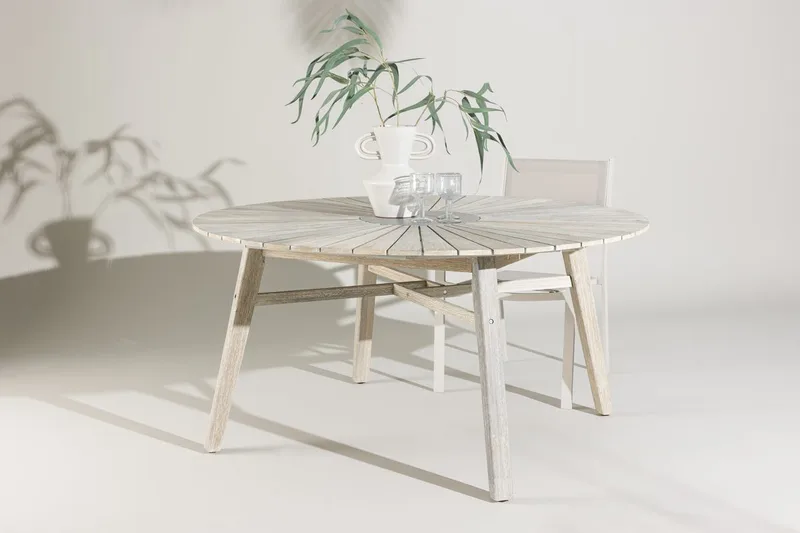Rives rundt spisebord 150 cm udendørs, Hvidkalket