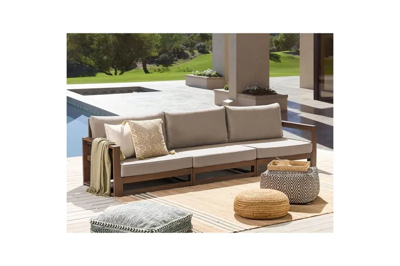 3-sitssoffa Beliani Timor Ljus trä/grått/beige, Ja Dark wood||Grey||Beige - Havemøbler - Havesofaer & bænke - Havesofaer