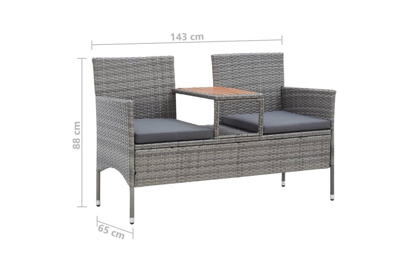 2-Personers Havebænk Med Tebord 143 cm Polyrattan Grå - Havemøbler - Havesofaer & bænke - Udendørs bænk & havebænk