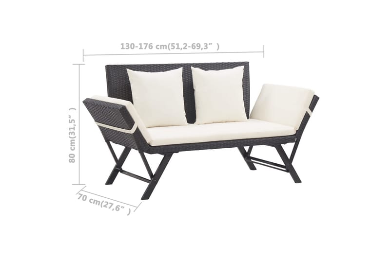 havebænk med hynder 176 cm polyrattan sort - Sort - Havemøbler - Havesofaer & bænke - Udendørs bænk & havebænk