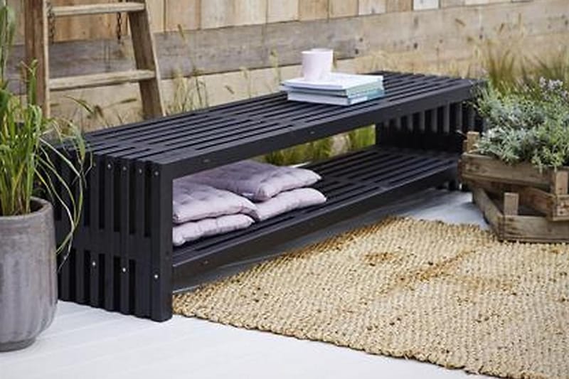 Rustik træbænk Design 218x49x45cm m/hylde - sort - Havemøbler - Havesofaer & bænke - Udendørs bænk & havebænk