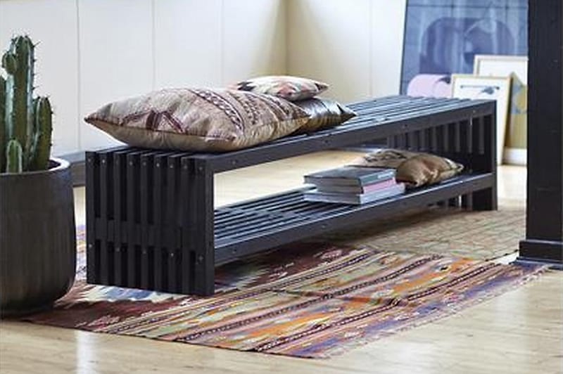 Rustik træbænk Design 218x49x45cm m/hylde - sort - Havemøbler - Havesofaer & bænke - Udendørs bænk & havebænk